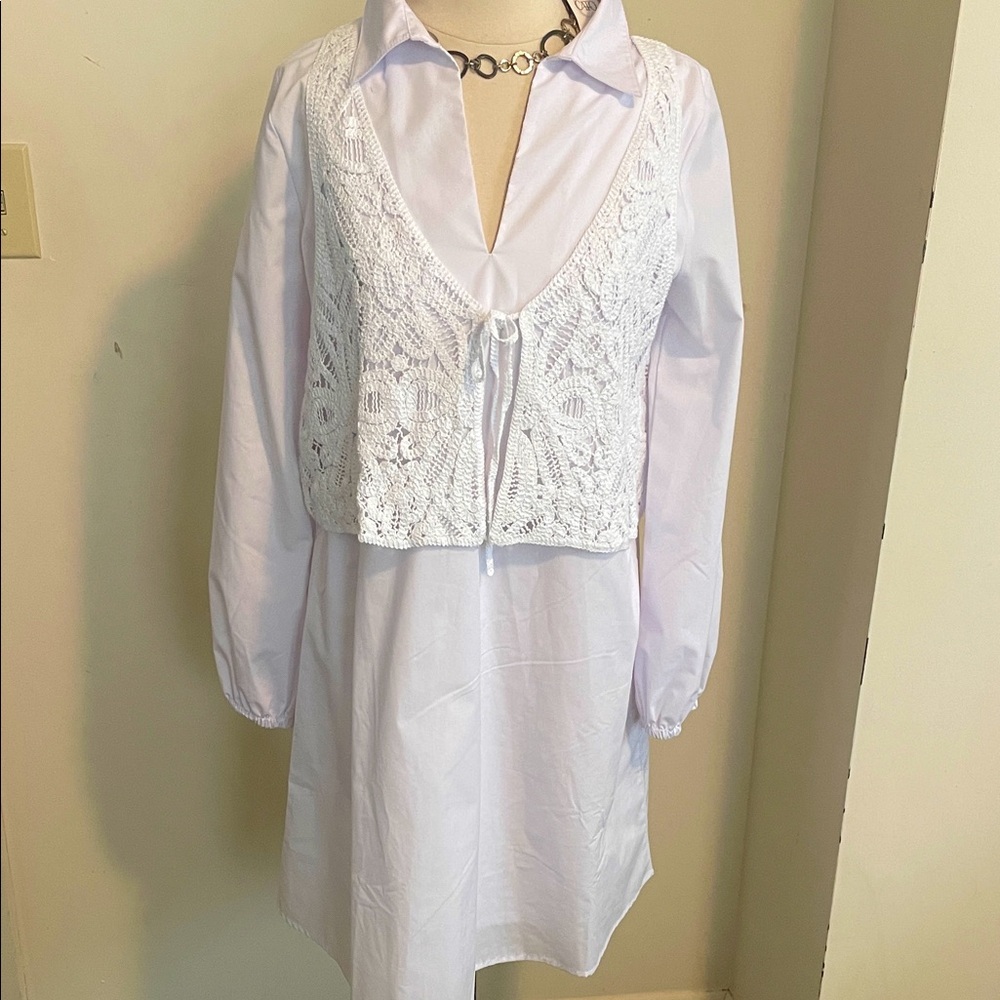 NWTCato White Midi Dress with Lace Overlay vest In Size medium.